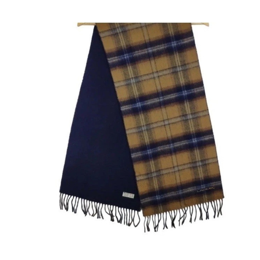 Vintage Lancel Paris Moonbat Wool Scarf Plaid Fringe BlueTan 4.5ft Made Japan